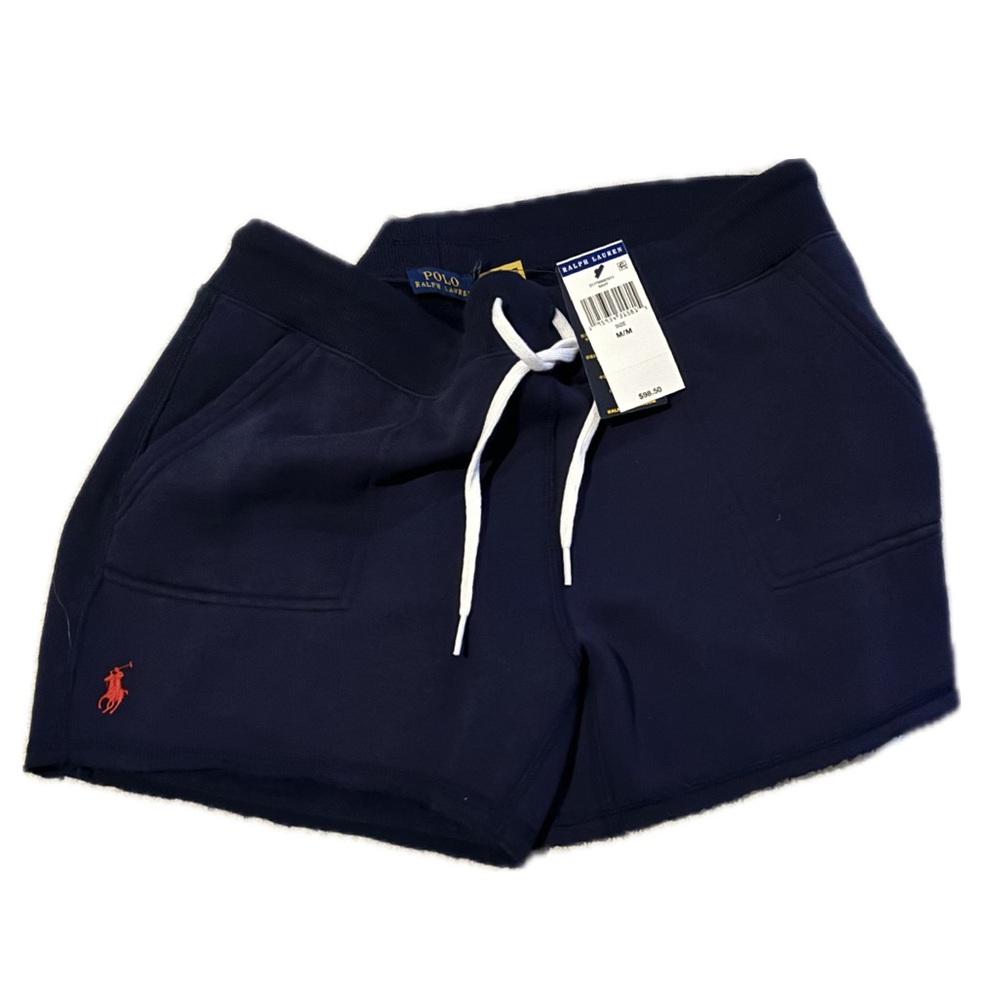 Polo RALPH LAUREN Womens NAVY Magic
FLEECE Cut Off Short Red Pony Front NWT